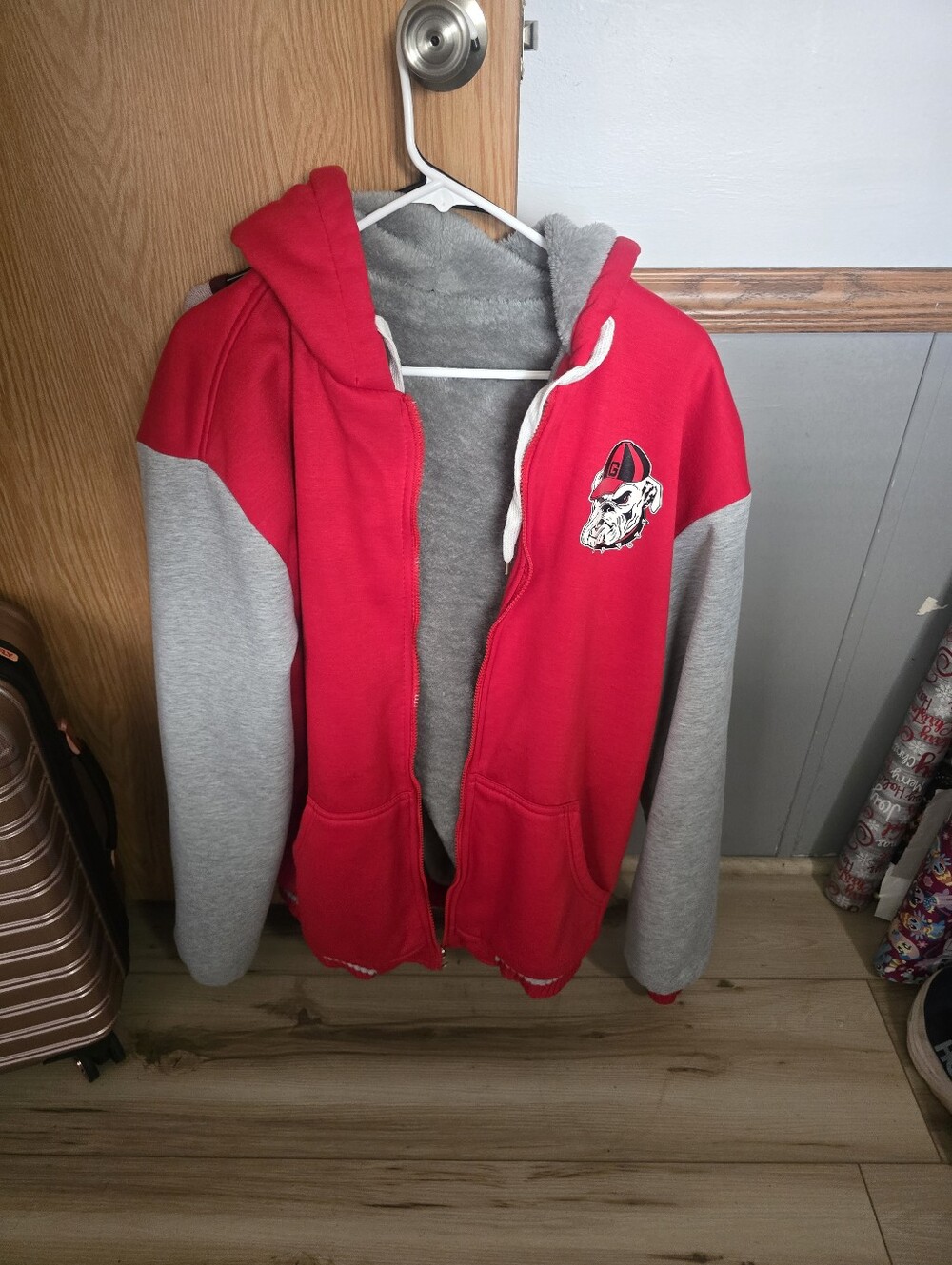 Womens Red and Gray Hooded Zip Ga Bulldog Coat